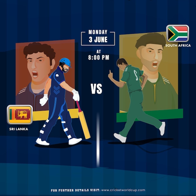 Vector el partido de cricket de la copa mundial de t20 masculina de la icc 2024 entre sri lanka y sudáfrica diseño de cartel publicitario del equipo de jugadores