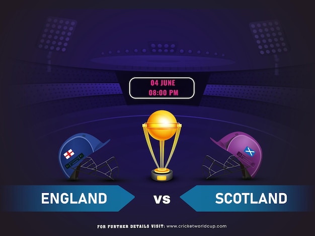 Vector el partido de cricket de la copa mundial de t20 masculina de la icc entre inglaterra y escocia y el trofeo de campeones de oro diseño de cartel publicitario