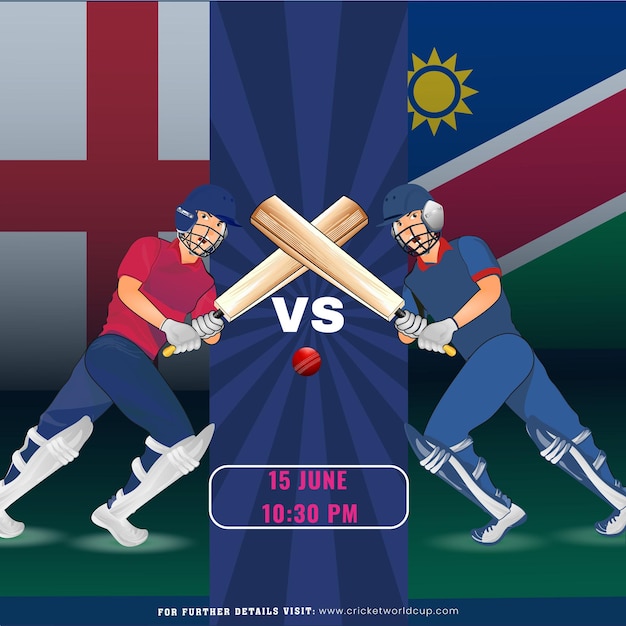 Vector el partido de cricket entre el equipo de inglaterra y namibia con sus jugadores de bateo caracter en el fondo de la bandera nacional diseño de cartel publicitario
