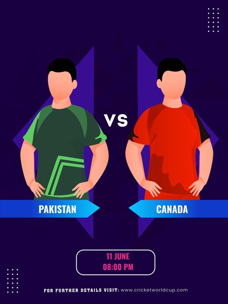 El partido de cricket entre el equipo de pakistán y canadá con sus personajes de capitán diseño de póster de redes sociales