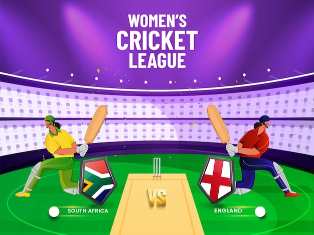 Vector partido de cricket femenino entre sudáfrica vs inglaterra con escudos de bandera 3d y personaje de jugadores de bateo en el fondo de la vista del estadio