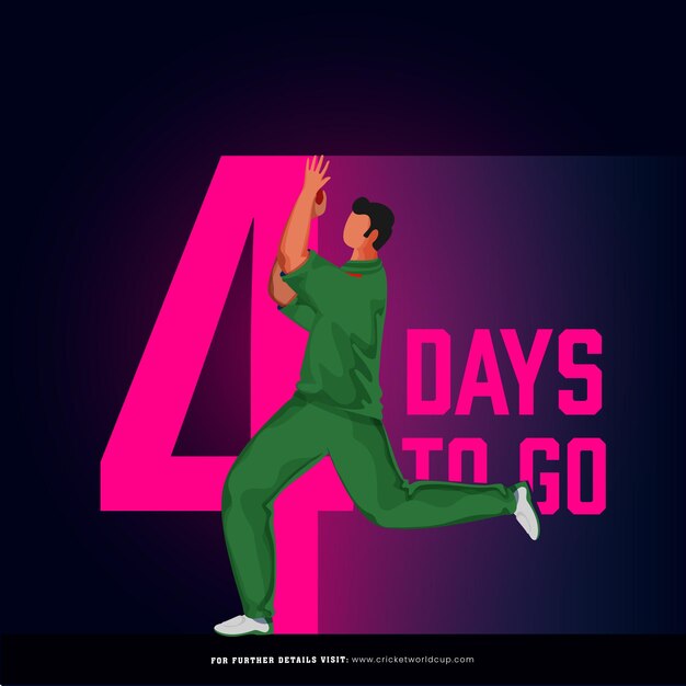 Vector el partido de cricket t20 comenzará a partir de 4 días a la izquierda basado en el diseño del cartel con el personaje del jugador de bolos de bangladesh en la postura de acción