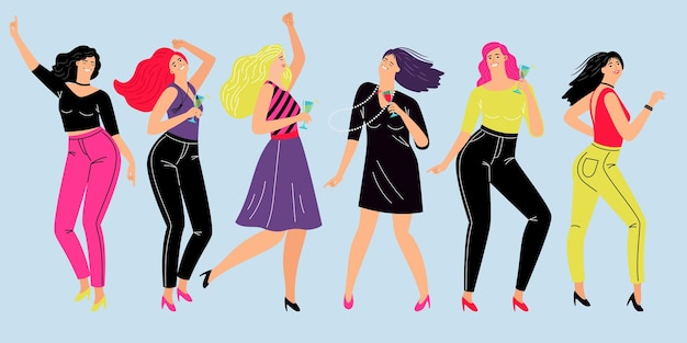 Partido femenino amistoso. Dibujos animados de niñas felices descansan después del trabajo en equipo, estilo de vida de ilustración vectorial de novias bailando en trajes de moda y bebiendo vino