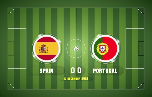 Partido de fútbol españa vs portugal 2022 con marcador y fondo de estadio