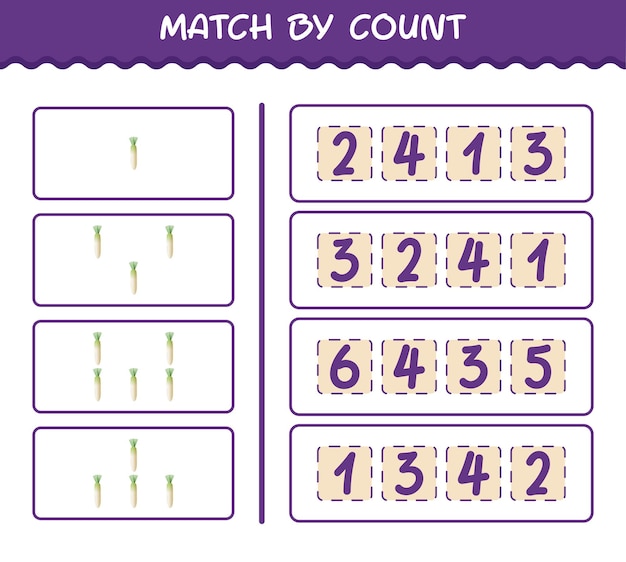 Partido por recuento de daikon de dibujos animados. Juego de unir y contar. Juego educativo para niños y niños pequeños en edad preescolar.