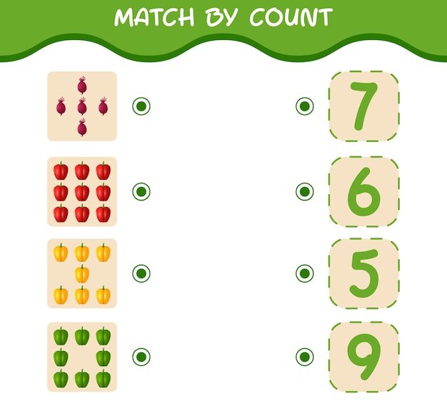 Partido por recuento de verduras de dibujos animados. Juego de unir y contar. Juego educativo para niños y niños pequeños en edad preescolar.