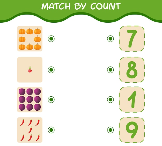 Partido por recuento de verduras de dibujos animados. Juego de unir y contar. Juego educativo para niños y niños pequeños en edad preescolar.