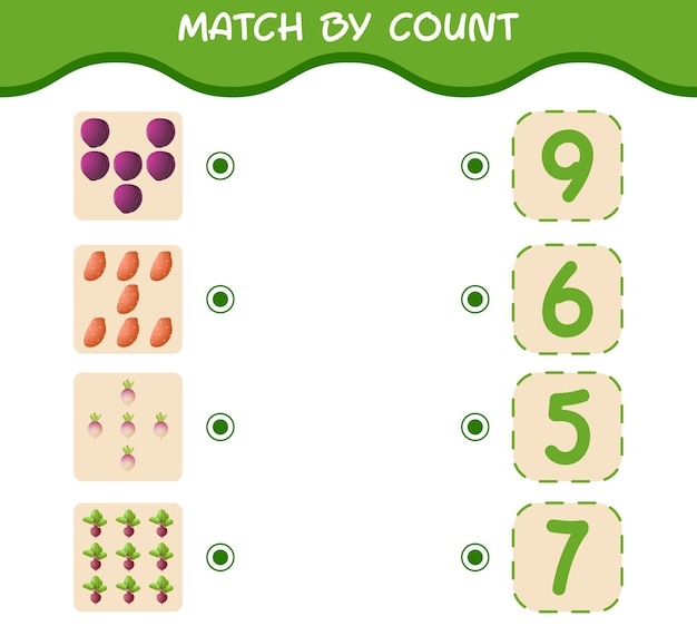 Partido por recuento de verduras de dibujos animados. Juego de unir y contar. Juego educativo para niños y niños pequeños en edad preescolar.
