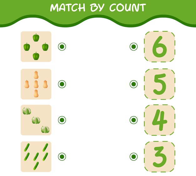 Partido por recuento de verduras de dibujos animados. Juego de unir y contar. Juego educativo para niños y niños pequeños en edad preescolar.
