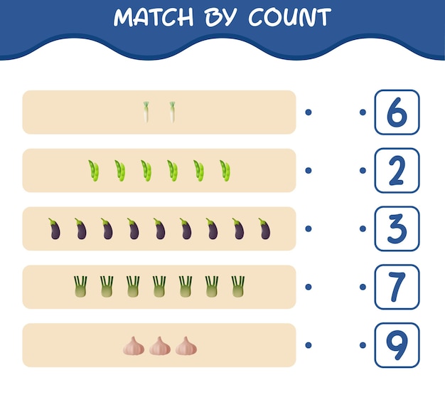 Partido por recuento de verduras de dibujos animados. Juego de unir y contar. Juego educativo para niños y niños pequeños en edad preescolar.