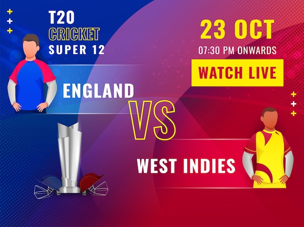 Vector partido t20 cricket super 12 entre inglaterra vs west indies con jugadores sin rostro y trofeo de plata 3d sobre fondo degradado de puntos azules y rojos.