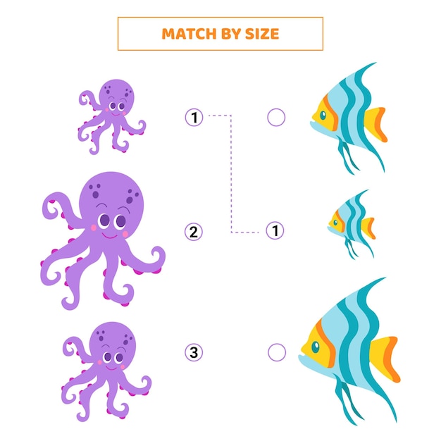 Partido por tamaño para pulpo de dibujos animados y peces Juego educativo para niños