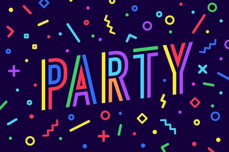 Vector partido. tarjeta de felicitación, pancarta, póster y tipografía de letras, estilo geométrico de memphis con texto fiesta para pancarta, póster, fyer, web. tarjeta de letras, invitación de plantilla de fiesta.