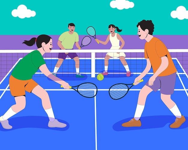 Un partido de tenis en una cancha azul