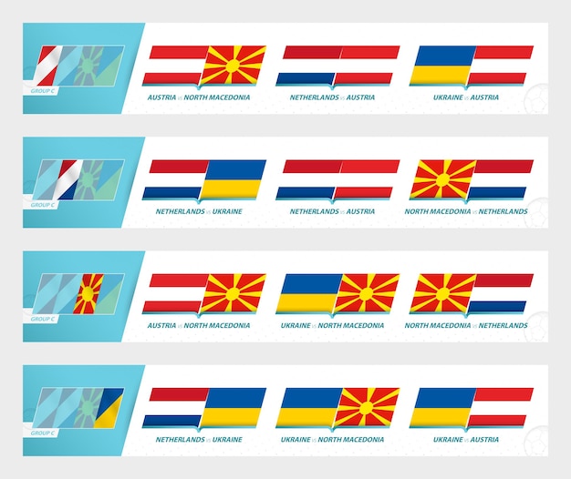 Partidos por equipos de fútbol del grupo c del torneo europeo de fútbol 2020-21. conjunto de iconos de vector de deporte.