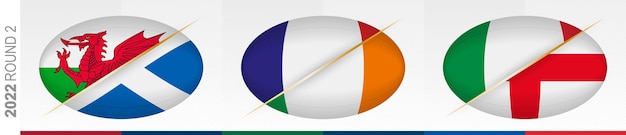 Partidos de rugby de la segunda ronda: gales contra escocia, francia contra irlanda, italia contra inglaterra. concepto para el torneo de rugby, banderas vectoriales pelota de rugby estilizada.