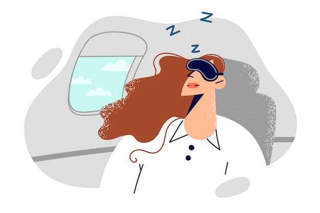 Vector una pasajera en un avión duerme con una máscara sobre los ojos y se va de viaje de negocios. una chica vuela en un avión en primera clase y se siente cómoda y tranquila gracias a la buena reputación de la aerolínea.