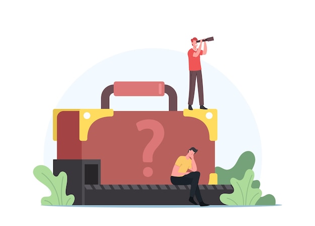 Pasajero molesto pierde maleta sentado en la cinta transportadora con equipaje desconocido. Hombre con concepto de equipaje perdido Spyglass Search. Los personajes viajeros reclaman equipaje en el aeropuerto. Ilustración de Vector de gente de dibujos animados
