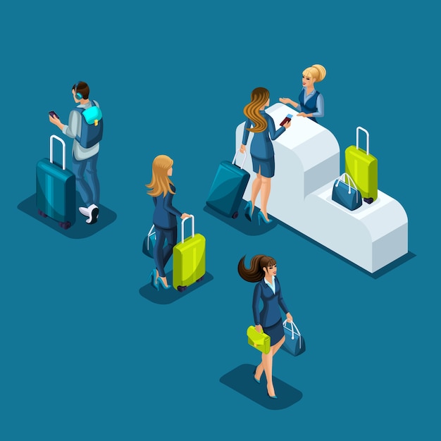 los pasajeros del aeropuerto pasan el control de pasaportes, los empresarios con equipaje están haciendo cola, viaje de negocios, ilustración