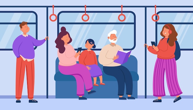 Pasajeros de dibujos animados en tren subterráneo. viaje en metro o metro, ciudad o transporte público ilustración vectorial plana. transporte, concepto de viaje para banner, diseño de sitio web o página web de destino