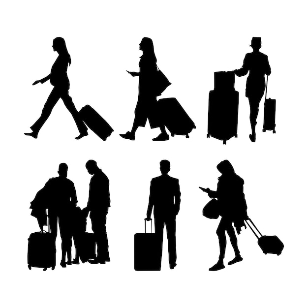 Pasajeros con equipaje caminando en el aeropuerto ilustración de silueta Vol 01