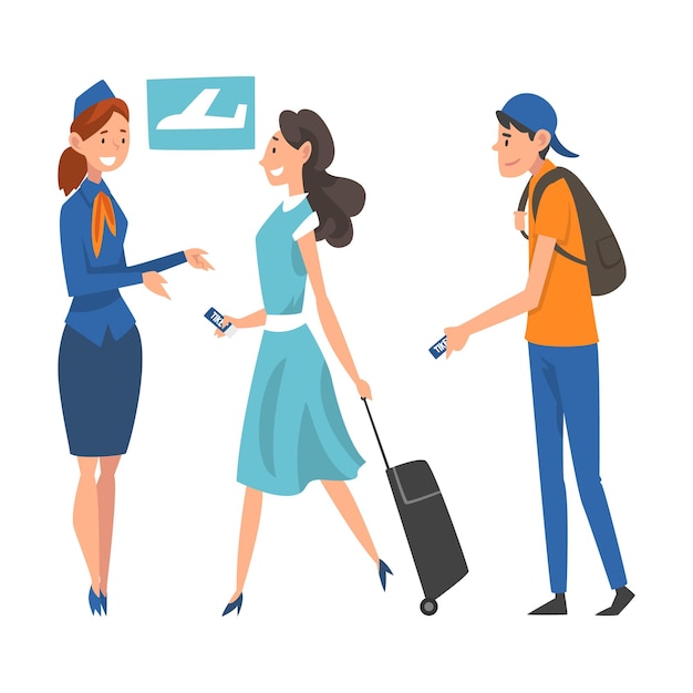 Pasajeros esperando en el aeropuerto Azafata comprobando los documentos de los billetes Ilustración vectorial en fondo blanco