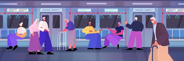 Pasajeros mayores con bastón y andador ortopédico moviéndose en el metro subterráneo concepto de vejez moderno tren interior horizontal ilustración vectorial de longitud completa