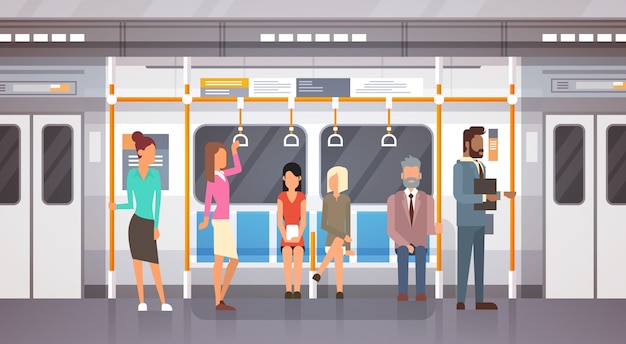 Vector pasajeros de personas en el metro transporte público de la ciudad moderna