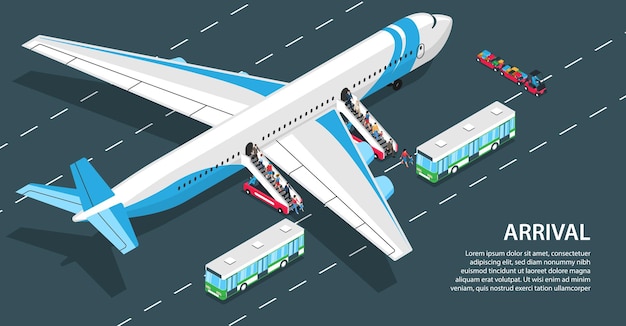 Pasajeros que llegan al aeropuerto bajando escaleras aéreas composición horizontal isométrica 3d