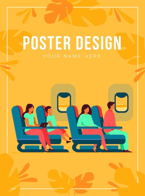 Pasajeros que viajan en avión aislado ilustración plana. Personajes de dibujos animados en avión o tablero de avión. Concepto de transporte, vuelo y turismo de aerolíneas