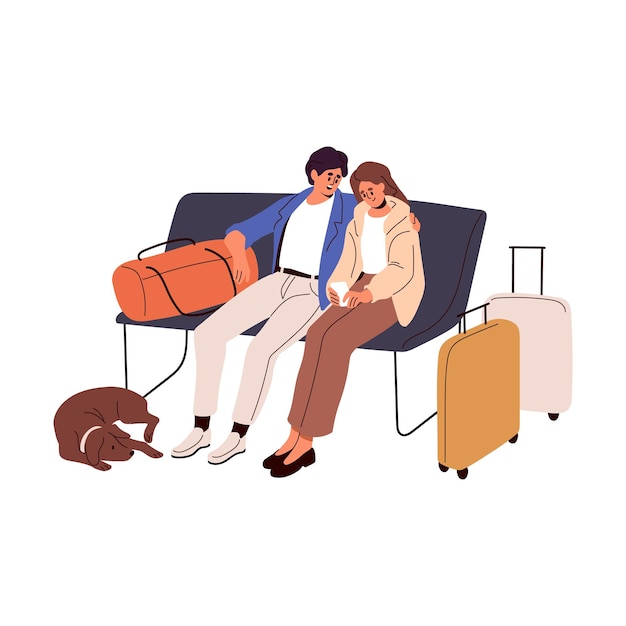 Pasajeros sentados en un banco con bolsas de equipaje esperando la salida Pareja de turistas con perro y equipaje en sillas antes de viajar Ilustración vectorial gráfica plana aislada en fondo blanco