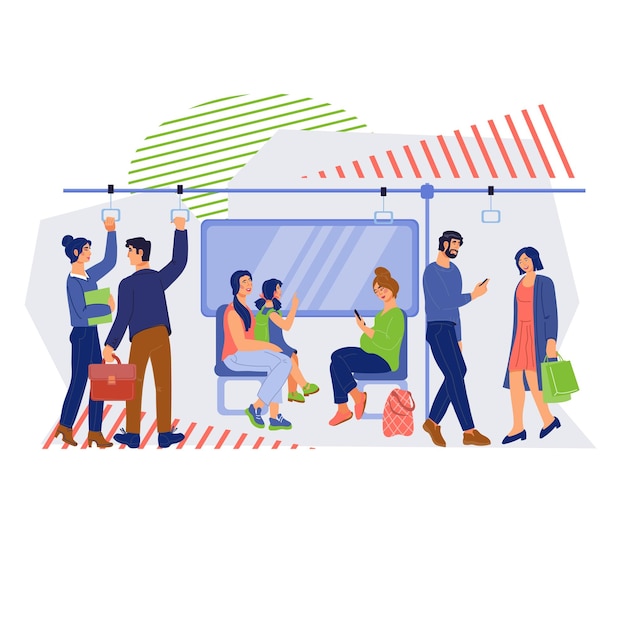 Pasajeros de transporte público urbano o suburbano Viajan en autobús subterráneo o tren de cercanías vector plano