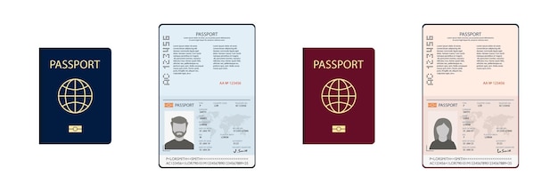 Pasaporte abierto y cerrado documento portada id para viajar plantilla en blanco hombres y mujeres id internacional vector aislado plano