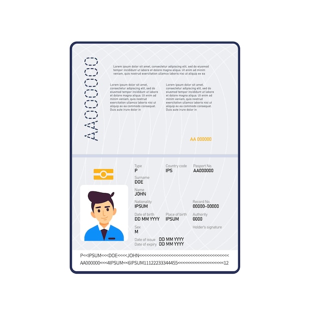 Pasaporte abierto con información personal y foto del documento de identificación de John Doe