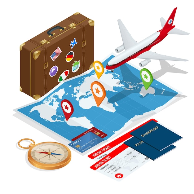 Pasaporte de avión vuelo viaje viajero volar viajar ciudadanía aire concepto Antecedentes de viajes y turismo. Ilustración vectorial isométrica plana.