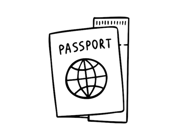 Pasaporte dibujado a mano en fondo blanco dibujo de esquema concepto de viaje de control de pasaportes internacionales