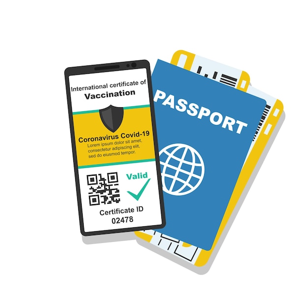 Pasaporte digital vacunación Smartphone y pasaporte con billetes código QR en la pantalla