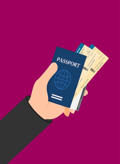 Pasaporte con entradas en la mano ilustración vectorial aislado sobre fondo