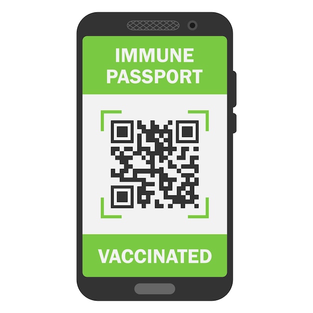 Pasaporte inmune de viaje en el teléfono móvil. Certificado de inmunidad Covid-19 para viajes o compras seguros. Pasaporte sanitario electrónico con código QR. Documento digital de inmunidad frente al coronavirus
