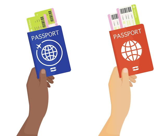 Pasaporte en la mano con billetes para viajes y turismo internacionales