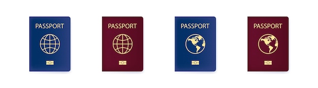 Pasaporte modelo realista de portadas de pasaporte conjunto de documentos para viajes e inmigración vector aislado