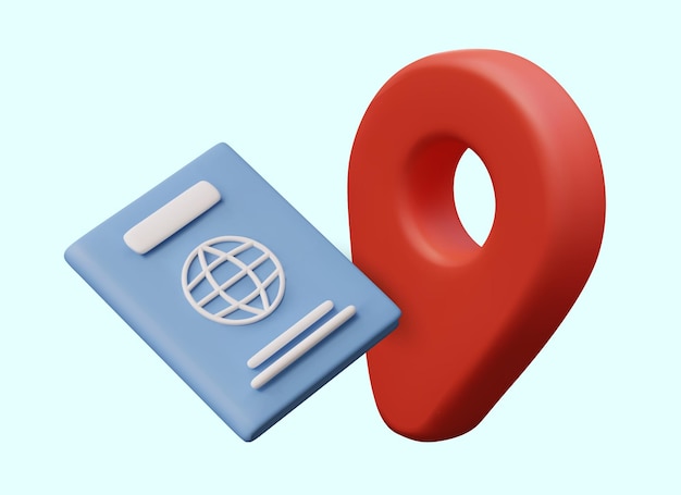 Pasaporte realista con globo en la portada pin geográfico rojo Concepto de viajar al extranjero