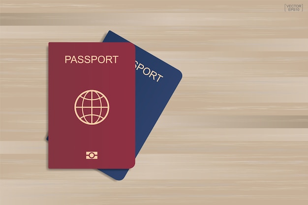 Vector pasaporte sobre madera.