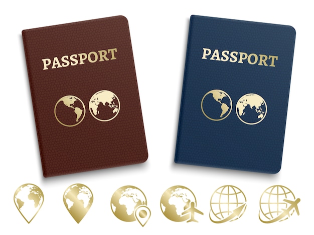 Vector pasaportes de identificación internacional e iconos dorados de navegación y viajes