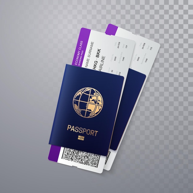 Pasaportes internacionales con tarjetas de embarque de vuelo aisladas sobre fondo transparente
