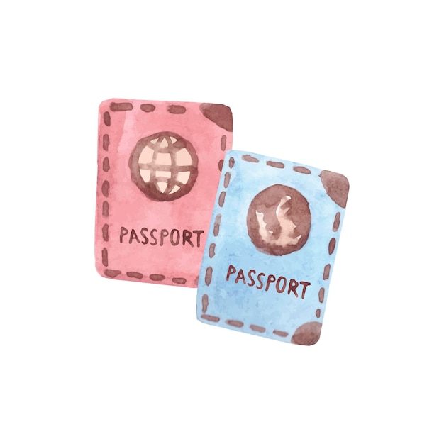 Pasaportes par acuarela pasaporte azul y rosa ilustración vectorial