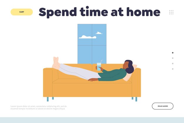 Pasar tiempo en casa concepto para la página de inicio con un personaje de mujer de dibujos animados feliz descansando en el sofá después de un duro día de trabajo diseño sitio web ilustración vectorial del horario y servicio de gestión de rutina diaria