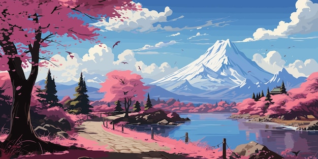 Vector una pasarela junto al lago con un hermoso paisaje de montaña en el fondo en vector de estilo anime