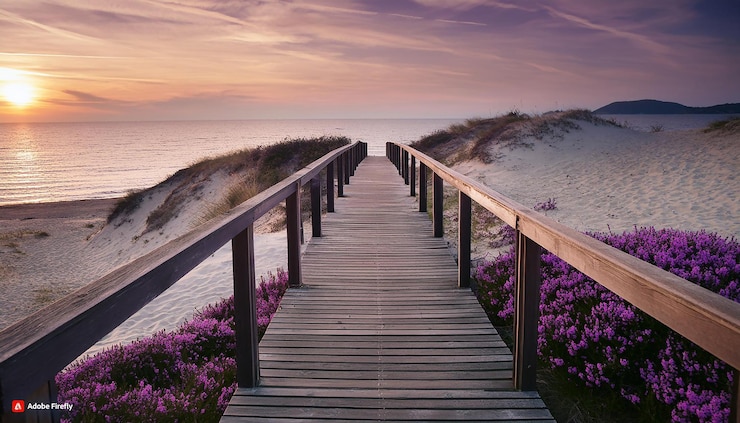 Vector una pasarela de madera que conduce al mar hermosa puesta de sol pastel en tonos de púrpura foto