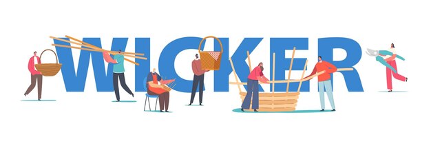 Pasatiempo de las cosas de mimbre, concepto de tejido de cesta. Los personajes hacen alforjas de mimbre de diferentes materiales naturales, afiches hechos a mano o de negocios, pancartas o volantes. Ilustración de Vector de gente de dibujos animados